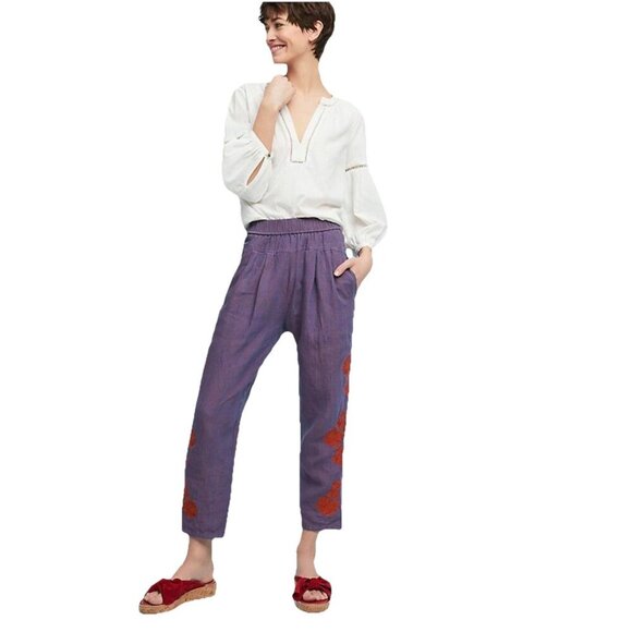Anthropologie Linen Pants Crop Elastic Waist Pull On Embroidery Trim Pockets M. - Picture 1 of 13